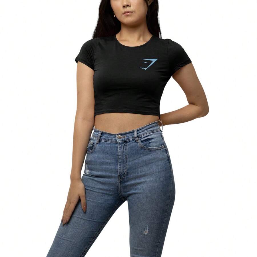 Top Mujer Ajustado Corto Estampado Frente Espalda Gym Shark Logo Tiburon Azul DTF Suave Transpirable Casual Deportivo Fitness - Negro - Ver 1