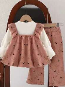 2025 Wiosna Dziewczynek Modny 3-częściowy komplet garniturowy z falbaniastym kołnierzykiem, styl brytyjski, dla malucha - Brudny różowy - Zobacz 2