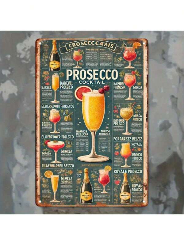 1pc 2D Tin Painting Prosecco Cocktail Recipe Encyclopedia Theme Metal Tin Sign, 30x20cm, Metal Material, Home Decor Tin Art, Fun Wall Art, Suitable For Home, Restaurant, Bar, Cafe, Garage And Room Decoration, Random Hole Design