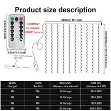 USB Powered Warm White Curtain Lights, 100/200/300/600 LEDs, 8 Modes Remote Control, Indoor Decor String Lights, Wall Mounted, Button Control, Suitable For Christmas, Wedding, Garden, Bedroom, Holiday Party Decoration