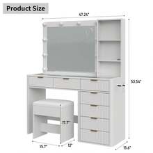 FUSOU 7 Drawers Fluted Vanity Desk With Charging Station, 47'' W Makeup Vanity With LED Lights And HD Mirror, 3 Lighting Modes Adjustable, Glass Top, Vanity Set For Bedroom,White - View 2