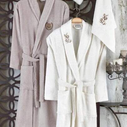 Guvenal Dream 2-Pieces Embroidered 100% Turkish Cotton Bathrobe Set – Sizes S, M, L –, Brown, Gray, White, Beige – Soft & Absorbent – Made In Turkey
