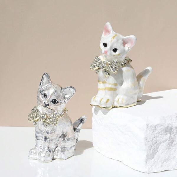 1pc Hand Painted Enamel Cute Cat Trinket Box, Hinged Jewelry Box Unique Mini Ring Necklace Jewelry Organizer, Classical Bejeweled Storage, Figurine Collectible Keepsake Home Decor