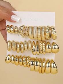 1-18pairs Fashionable Big Size Glossy Gold Spray-Coated ABS Plastic Earring Set, Skin-Friendly, Minimalist Geometric Earrings For Ladies'All-Day Wear