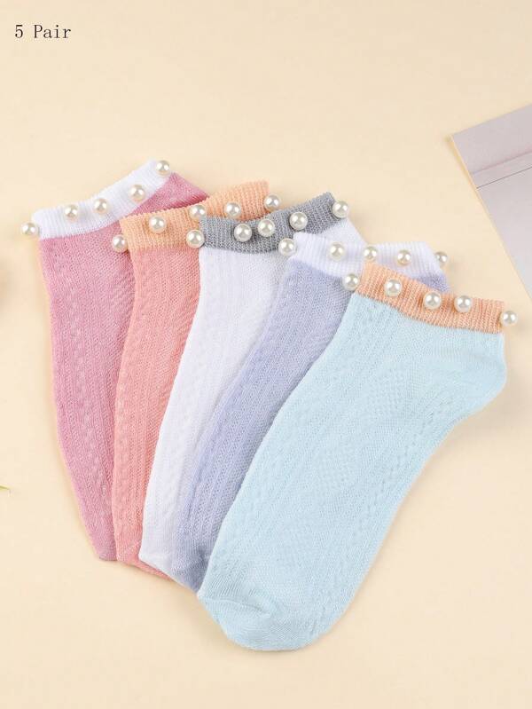 5 Pairs Women Casual Versatile Pearl Decor Ankle Socks