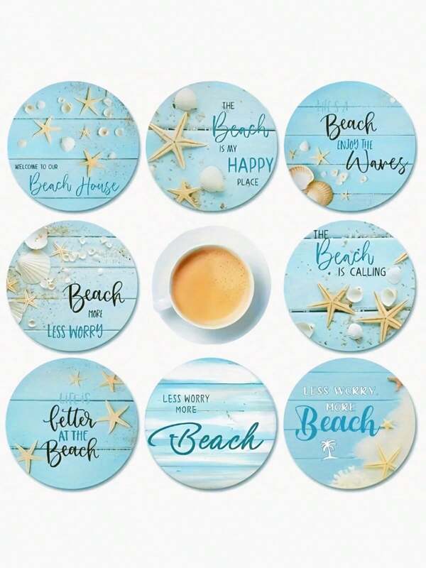 3.93-Inch Coastal Beach Themed Wooden Coasters With Starfish And Shell Design - Hand Wash Only, Perfect For Coffee Cups, Home Bar And Holiday Gatherings, Beach Accessories