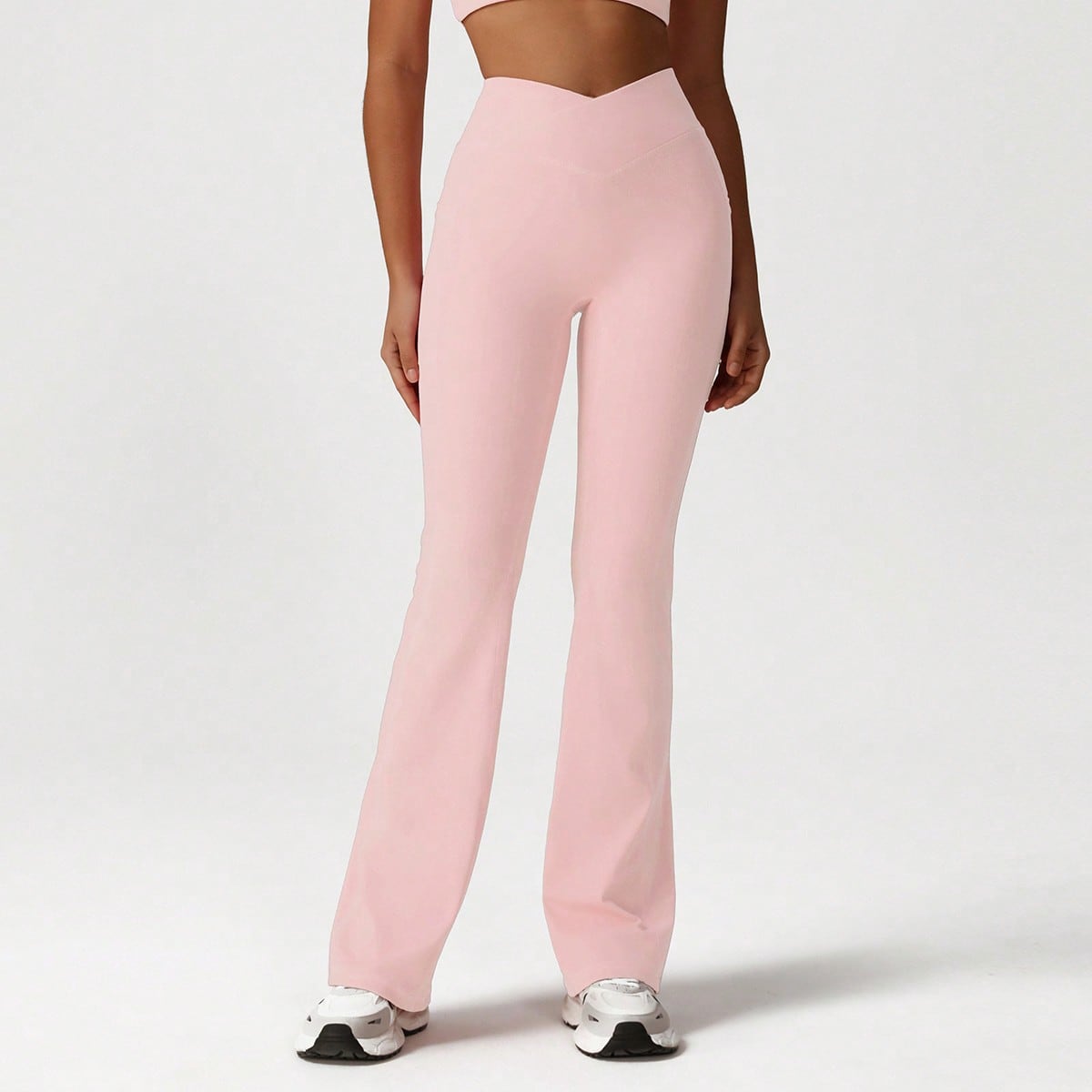 Pantalones acampanados de mujer de unicolor con diseño cruzado en la cintura para uso casual, entrenamiento al aire libre, gimnasio y yoga