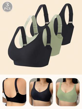 3 件加大码无钢圈文胸，提升支撑，可调节肩带，轻薄面料