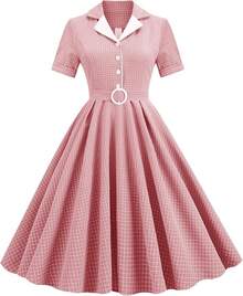 Women Vintage Cocktail Swing Dress, Midi Evening Dress, Rockabilly 50s 60s 1950shalloween - Kẻ sọc hồng - Xem 1