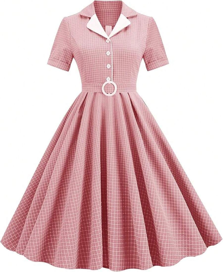 Women Vintage Cocktail Swing Dress, Midi Evening Dress, Rockabilly 50s 60s 1950shalloween - Kẻ sọc hồng - Xem 1