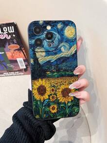 Van Gogh - Style Sunflower Pattern Black Matte Phone Case, Four-Corner Anti-Drop Camera Enhanced Protection, Prevent Wear And Tear, Comfortable Feel, Protective Buttons, Breathable Heat Dissipation, Dustproof, For Men And Women For Phone 11/12/13/14/15/16 Plus Promax Pro Series And For Sumsang Galaxy S22/S23/S24/25 Ultra. - 黑色 - 查看 5