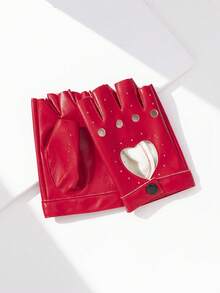 1 par de guantes de medio dedo con diseño hueco en forma de corazón de unicolor de PU, estilo punk, unisex, adecuados para salir, ciclismo, deportes, actuaciones de baile callejero, accesorios de otoño