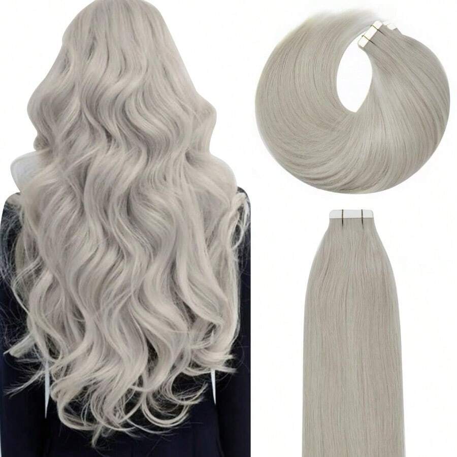 MLacer Tape In Hair Extensions Human Hair 12 Inch Natural Grey Sier Seaml Silky Straight 30g6001 - 灰色 - 查看 1