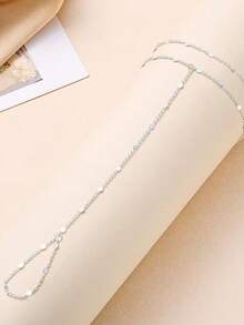 1pc Stainless Steel Minimalist Versatile Metal Flattened Bracelet & Finger Chain Jewelry Set (Flattened Disc Position Random) - Silver - View 4