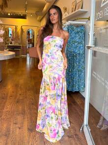 Women Casual Strapless Dress Summer Floral Print Backless A-Line Long Dress For Cocktail Party Beach Streetwear - 紫色 - 查看 3