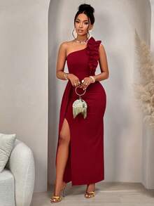 AIJ Amarilo 2025 女士纯色不对称肩部荷叶边褶皱设计无袖优雅开衩下摆连衣裙，适合派对、约会、单身派对、正式晚宴或盛大活动、情人节、圣诞节等场合。夏季 - 酒紅色 - 查看 3