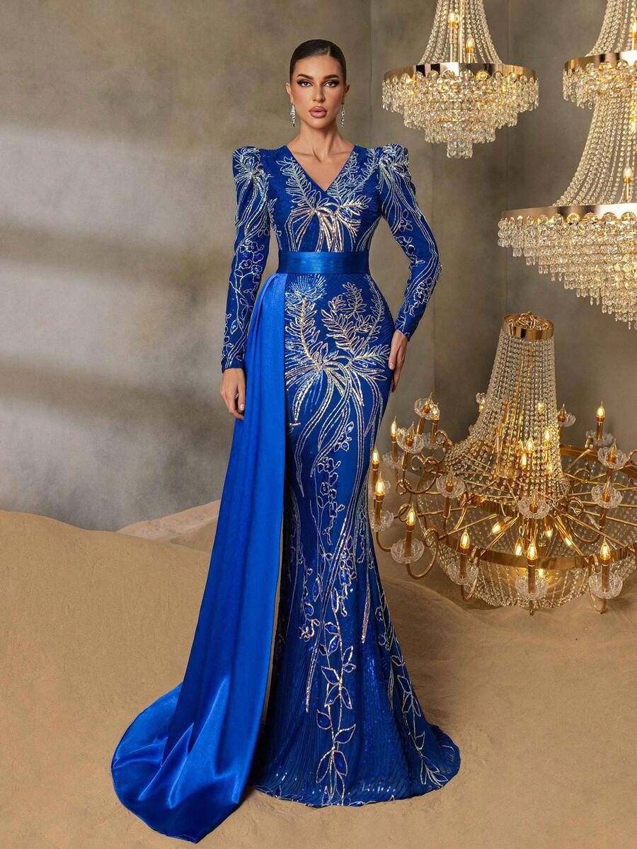 Faeriesty Elegant V-Neck Long-Sleeve Mermaid Evening Gown With Satin Overskirt & Metallic Floral Embroidery - Perfect For Black-Tie Galas, Formal Red Carpet Events, Luxury Award Ceremonies, Charity Fundraisers, Upscale Weddings - 寶藍色 - 查看 1
