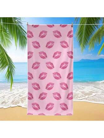 1pc Vivid Pink Lips Pattern Beach Towel - Ultra Soft & Quick Drying Polyester, Perfect For Relaxing By The Pool And Beach Fun