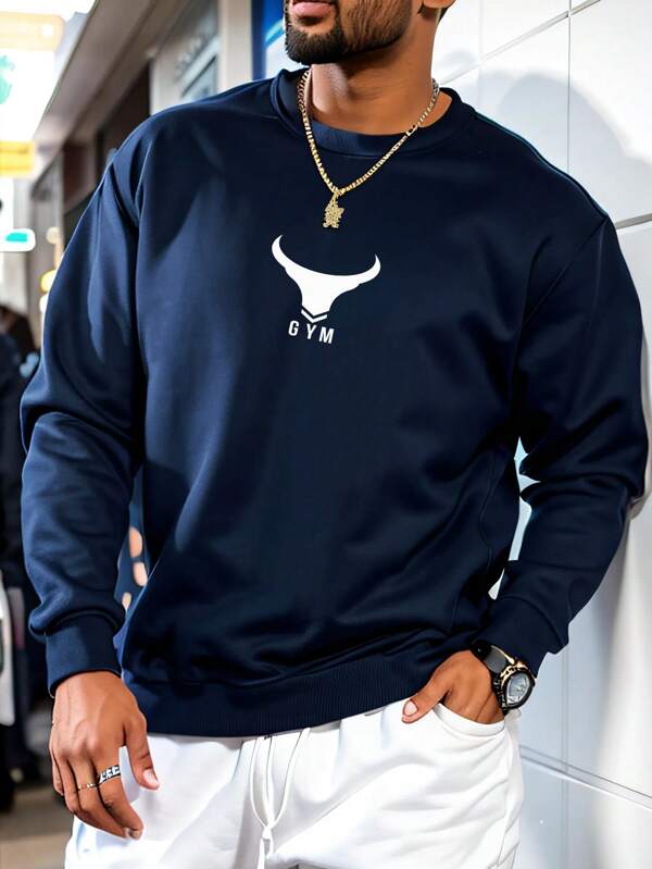 Men's New Spring/Autumn Casual Sweatshirt, Simple Small GYM Logo, Bull-Muscle Graphic Print, Suitable For Outgoing, Friends, Team, Outdoor Travel Sports Shirt, Everyday Casual Hoodie, Gym Outfit, Men's Sports Wear, Lightweight Sports Pullover, Comfortable Sports Hiking Fishing Versatile Short Sleeve Sweatshirt