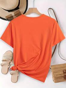 Spring Tops Fashion Letter Print Women's Round Neck Pure Cotton T-Shirt Simple Design, Comfortable And Breathable, Suitable For Daily Casual Wear, Versatile, Shows Natural And Elegant Style, Summer Party Essential, Local Delivery Loose And Comfortable Summer - 桔紅色 - 查看 2