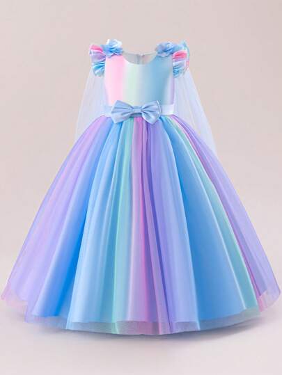 Girls' Gradient Fairy-Tale Style Dress, Kids Birthday Party Flower Girl Bridesmaid Wedding Pageant Piano Recital Long Colorful Tulle Rainbow Princess Dress With Flower Decor & Bowknot