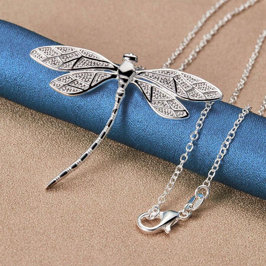 Charm 925 Sterling Silver Plated 16/18/20/22/24/26/28/30 Inches Big Dragonfly Pendant Necklace For Women Fashion Fine Neck Chain Jewelry Birthday Wedding Gifts - Silver - View 1