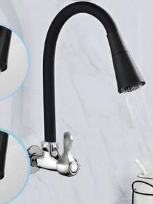 Flexible Semi Curved Kitchen Faucet, Black Wall Mounted Sink, Double Nozzle Cone - màu đen - Xem 3