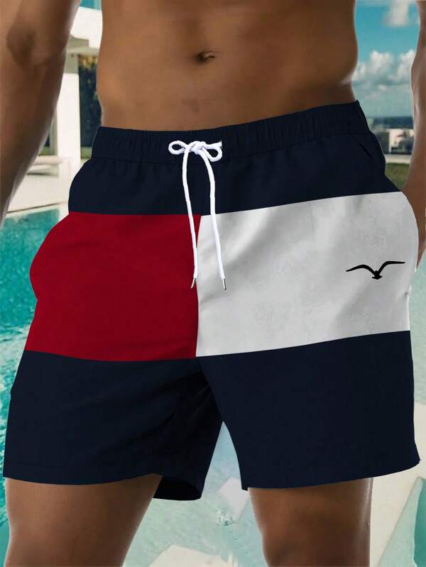 Model imprimat de vară pentru bărbați, cu șnur, talie, buzunar oblic, cu uscare rapidă hawaiană, pantaloni scurți cu căptușeală din plasă cu două straturi, pescăruş, bloc de culoare, imprimare 3D, la modă, ocazional, îmbrăcăminte de plajă, trunchi de baie