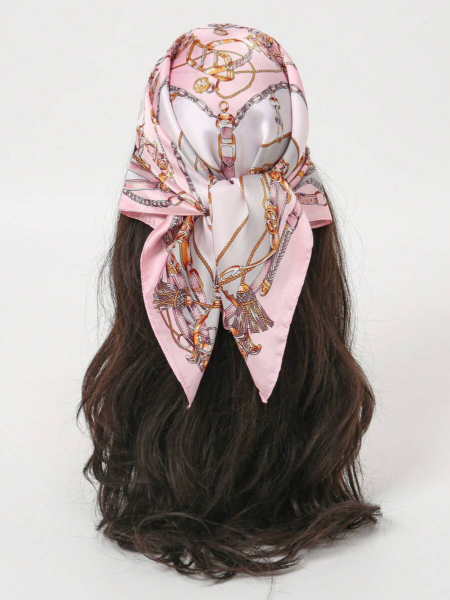 1 pieza Pañuelo cuadrado de seda sintética con cadena metálica, pañuelo para el cuello de mujer, esencial para primavera/verano, se puede usar como corbata para el pelo, accesorio para el cabello, pañuelo de cuello de moda