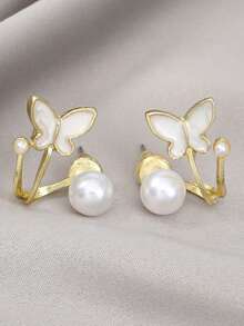 1 对简约时尚仿珍珠蝴蝶耳钉，百搭别致耳环，适合女性、活动、婚礼、日常佩戴和节日 - 金色 - 查看 3