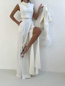 2pcs/Set Women Solid White Elegant Sleeveless Turtleneck Halter Top And High Slit Wide Leg Pants, Suitable For Daily Outings, Commuting, Office, Holidays, Parties - White - View 6