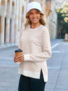 Womens Long Sleeve Sweatshirt Casual Crewneck Sweatshirts Loose Fit Pullover Tops - 淺卡其條紋 - 查看 5