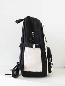 返校4件套新款尼龙材质可爱卡通熊字母印花背包、手提包、午餐包、铅笔袋，多功能设计，拉链开合，时尚休闲，简约甜美，日常户外、旅行度假百搭 - 黑色 - 查看 3