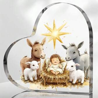 1 件，耶稣降生 - 星星两只羊驴心/Jutterstock/方形亚克力摆件，桌面摆件家居装饰，节日气氛用品，圣诞礼物