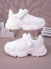 1 par de zapatillas deportivas casuales de suela gruesa con cierre de gancho y lazo, de unicolor, livianas y cómodas, adecuadas para uso diario escolar/de ocio, para niños