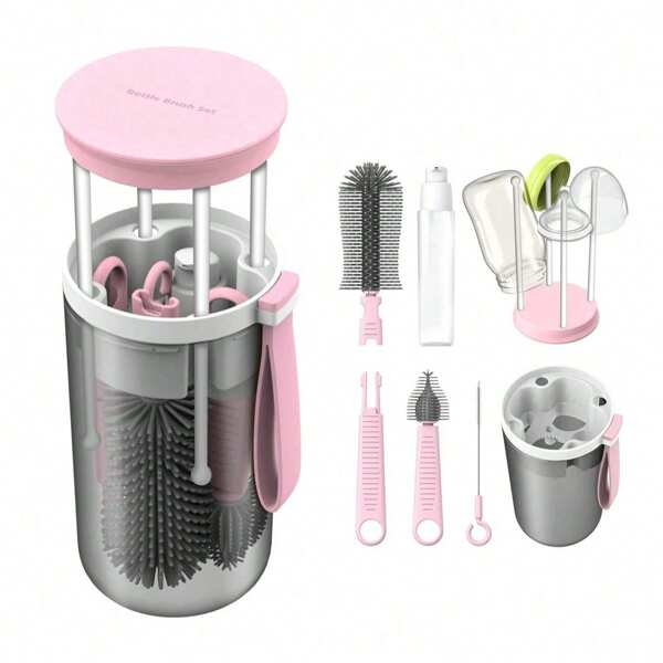 1 Pc Travel Baby Bottle Brush Set With Extendable Liquid Silicone Bottle Brush,Nipple Brush,Built-In Bottle Drying Rack,Straw Cleaner Brush,Baby Bottle Soap Dispenser,Bottle Warmer