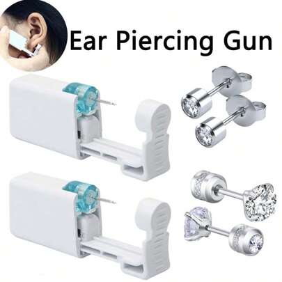 2 件一次性耳洞枪，内置耳钉，2 件方晶锆石耳环 - 防过敏耳洞穿刺套装