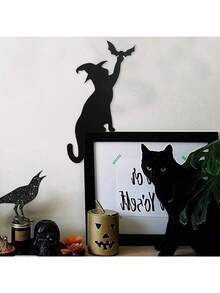 1pc Halloween Cat Bat Door Decoration - Wooden Cat Bat Door Corner Decoration, Black Cat Bat Door Frame Corner Sign, Home Door And Window Right Angle Decoration, Halloween Ghost Party Supplies