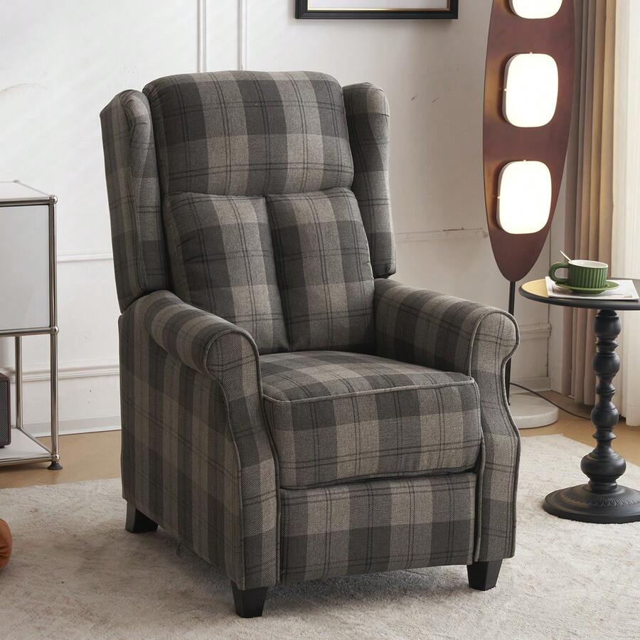 Retro Grey Recliner Chair Push Back Reclining Sofa For Living Room Bedroom, Tartan Grey - Tartan - View 1