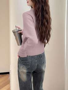 女士秋冬简约可爱翻领套头毛衣 - 粉色 - 查看 2