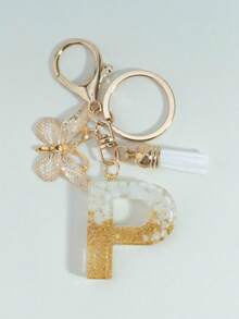 可爱字母钥匙扣，白色钥匙扣，金色箔印大写字母树脂钥匙圈吊坠，蝴蝶流苏挂饰，时尚钥匙扣，女士礼物，钱包包包装饰，父亲节、母亲节、生日、感恩节、圣诞节礼物，创意礼物，带证件套挂绳，汽车配件，包包挂饰 - 白色 - 查看 13