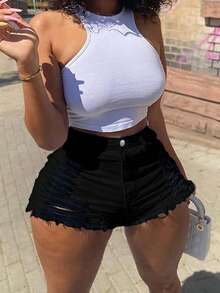 Quần short ôm sát màu trơn, rách gấu gợi cảm, thời trang và đa năng, phù hợp cho hoạt động ngoài trời và các lễ hội âm nhạc, màu đen thường ngày mùa xuân/hè. - màu đen - Xem 4