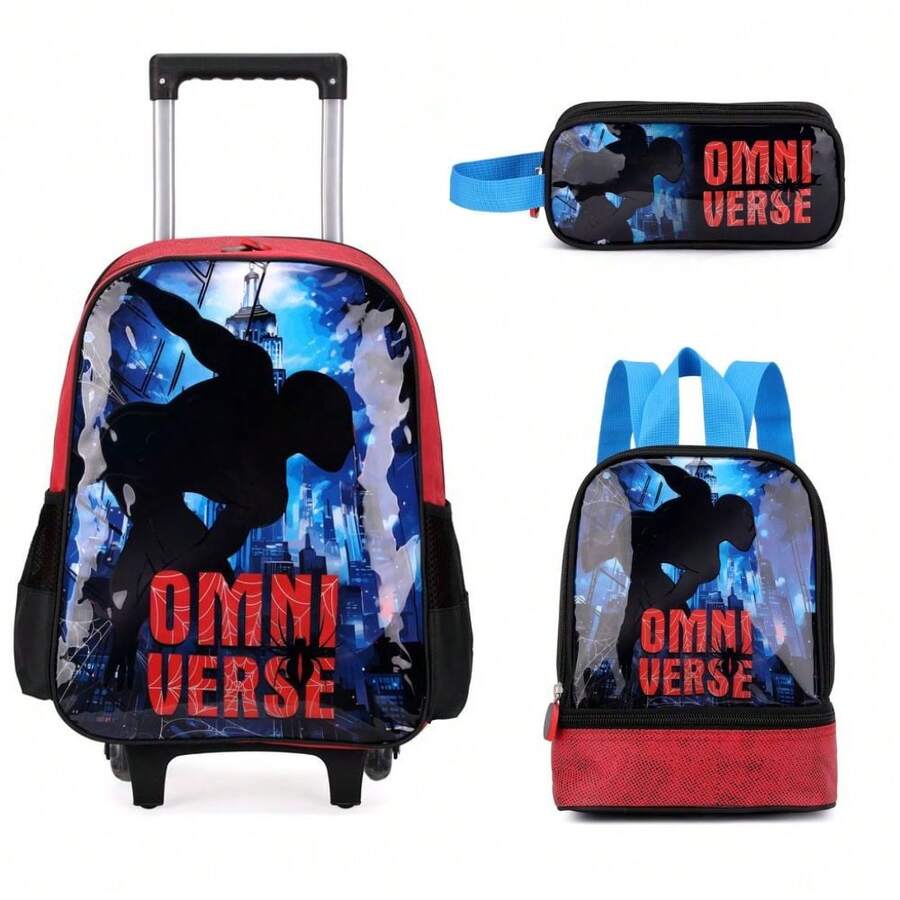 School Kit Backpack Trolley + Water Bottle + Pencil Case Boy Girl Children Poly 600 Princess Unicorn Doll Blocks Ominiverse - Red - View 1
