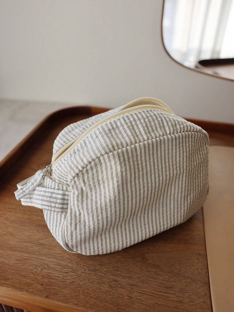 条纹多用途大容量拉链化妆包，男女通用护肤化妆品旅行洗漱用品收纳袋旅行必备品度假暑假返校学校用品袋学校旅行包女士化妆包旅行用品 - 彩色 - 查看 1