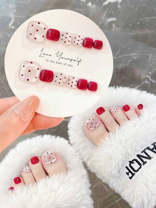 12pcs Handmade Toe Nail Art Stickers, Pink Cat Eye & Red Gradient Polka Dot Pattern Decals, 3 Sizes, Easy Manicure