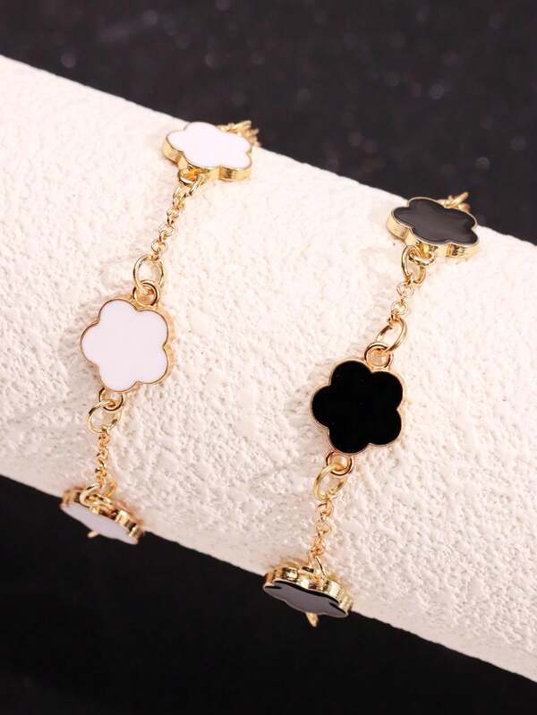 2pcs Minimalist Versatile Clover Charm Bracelet, Two-Tone Black And White, Fashionable And Personal Design, Suitable For Daily Wear, Couple Gift, Festival, Party