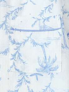 Conjunto de pijama de 2 piezas con camisa de manga corta con bolsillo y cuello de solapa con estampado de árbol de coco y bote, y pantalón corto con lazo, cómodo para uso en interiores/hogar, primavera/verano, para mujer