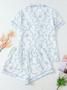 Conjunto de pijama de 2 piezas con camisa de manga corta con bolsillo y cuello de solapa con estampado de árbol de coco y bote, y pantalón corto con lazo, cómodo para uso en interiores/hogar, primavera/verano, para mujer