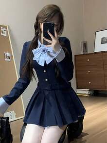 1 件优雅时尚腰部收紧撞色蝴蝶结褶皱迷你连衣裙，适合节日、派对、表演、女孩团体舞台装、摄影工作室万圣节 - 彩色 - 查看 4