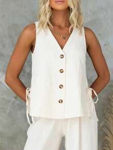 Plus Size Women V-Neck Sleeveless Button Decoration Tank Top - Beige - View 1